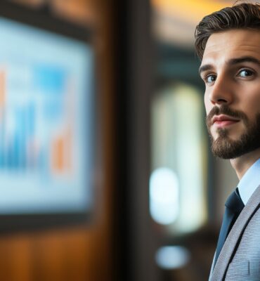 Sales executive using a virtual screen to highlight a sales growth graph and upward trends for client presentation